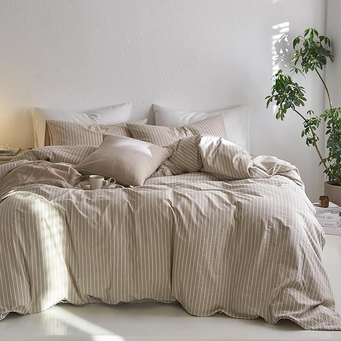 MooMee Striped Duvet Cover Set 100% Washed Cotton Linen Like Textured Breathable Durable Soft Comfy (Tannish Linen Grey White Wide Stripes, Full 80"x90")