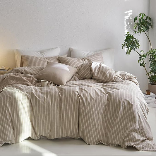 MooMee Striped Duvet Cover Set 100% Washed Cotton Linen Like Textured Breathable Durable Soft Comfy (Tannish Linen Grey White Wide Stripes, Oversized King Plus 128"x120")