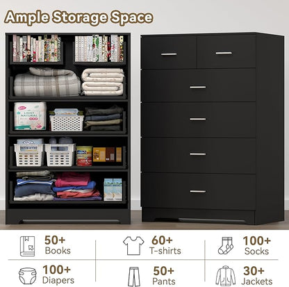 Dresser with Power Outlets Wooden 6 Drawer Dresser with Large Organizer Black Tall Storage Organizer with Smooth Metal Rail Modern Chest of Drawers Closet for Bedroom Hallway