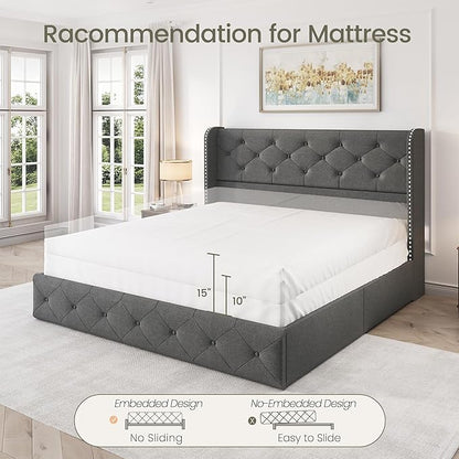 LARMACE Full Size Bed Frame with 4 Storage Drawers and Wingback Headboard Linen Upholstered Platform Bed Frame Tufted Beds with Wooden Slats Support, Easy Assembly, Light Grey