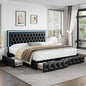 Keyluv Queen Upholstered LED Bed Frame with 4 Drawers, Pu Leather Platform Storage Bed with Adjustable Button Tufted Headboard and Solid Wooden Slats Support, No Box Spring Needed, Black