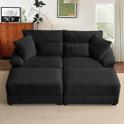 74" Double Chaise Lounge Chair Indoor, Oversized Loveseat with Removeable Ottoman, Corduroy Couch with USB Charging, Storage Ottoman, and Coffee Table Cushions for Living Room (2 Chaise Black)