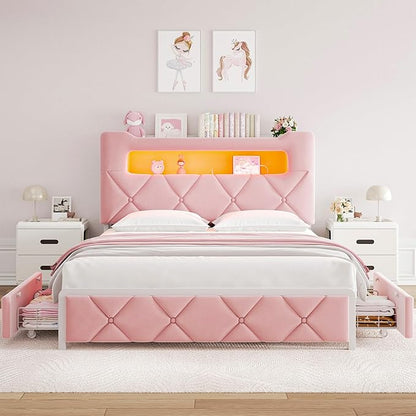 Full Upholstered LED Bed Frame with 2 Storage Drawers and 2-Tier Storage Headboard, Velvet Princess Platform Bed with Charging Station & Bookcase, Heavy Duty Metal Support, No Box Spring Needed, Pink