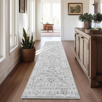 jinchan Lima Runner Rug 2x12 Long Hallway Runner Rug Thin Vintage Washable Kitchen Carpet with Rubber Backing Floral Print Floor Cover Indoor Laundry Room Bedroom Stairway (2x12ft, Grey)