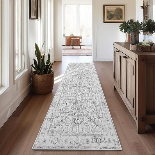 jinchan Lima Runner Rug 2x12 Long Hallway Runner Rug Thin Vintage Washable Kitchen Carpet with Rubber Backing Floral Print Floor Cover Indoor Laundry Room Bedroom Stairway (2x12ft, Grey)