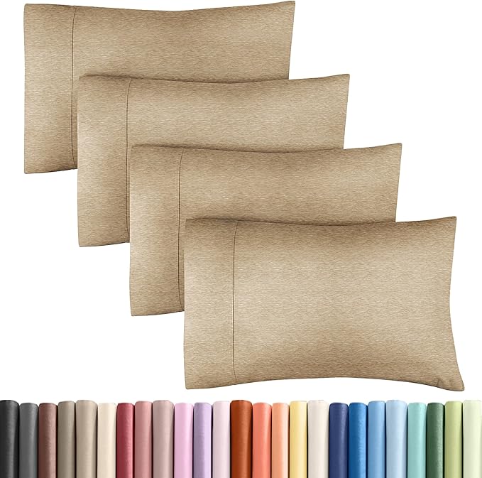 King Pillow Cases Set of 4 - Ultra Soft Hotel Quality Pillowcase Covers - Comfy, Cozy & Wrinkle Free - Shrinkage and Fade Resistant - Machine Washable Pillow Protectors - 4 Piece Set - Heathered Tan