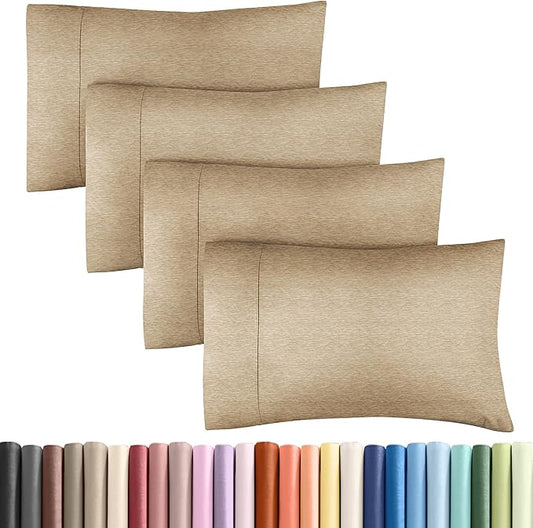 King Pillow Cases Set of 4 - Ultra Soft Hotel Quality Pillowcase Covers - Comfy, Cozy & Wrinkle Free - Shrinkage and Fade Resistant - Machine Washable Pillow Protectors - 4 Piece Set - Heathered Tan