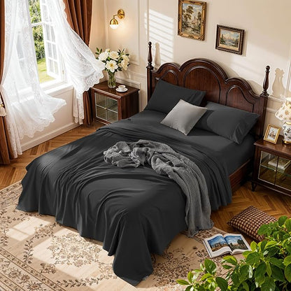 LBRO2M 1000 Thread Count 100% Cotton Sheets Set,California King Size Bed Sheet 4 Piece Sets,Long Staple,16 Inches Deep Pocket,All Season,Bedding Super Soft Comforterble Breathable,Sateen(Black)