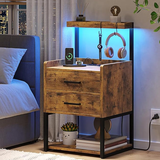 VIAGDO Nightstand with Charging Station and LED Lights, Rustic Brown Bedside Night Stands with 2 Drawers and Open Storage Shelves, Modern End Side Tables for Bedroom,Office