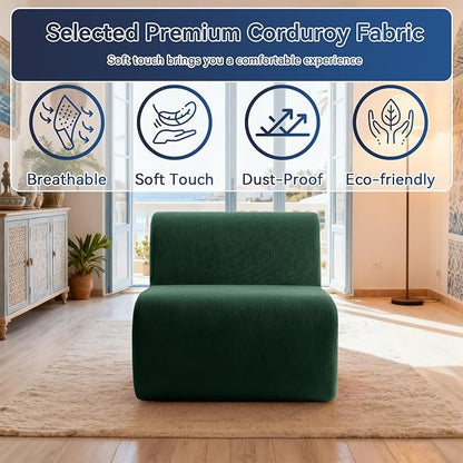 26" Single Sofa, 1 Seater Armless Corduroy Couch, No Assembly Modern Boneless Couch Compression Sofa in Box, Floor Sofa with Ergonomic Design for Living Room, Dark Green