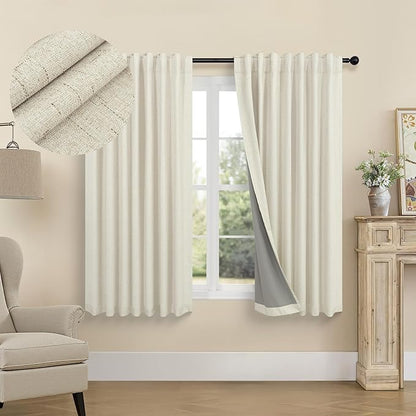 Linen Textured Boho 100% Blackout Small Window Curtains 45 inch Length 2 Panels Country Curtain for Kitchen Door Bathroom Bedroom Living Room Darkening Short Cafe Drape Back Tab Rustic Farmhouse Beige