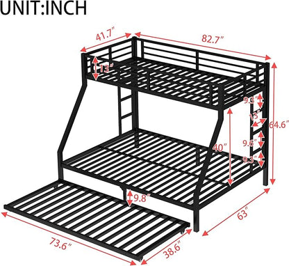 Upgraded Version Thicken Heavy Duty Metal Twin XL Over Queen Bunk Bed with Twin Size Trundle, Modern Style Stronger Twin Over Queen Bunk Bed Frame for Adults, Easy Assembly (Twin XL/Queen)