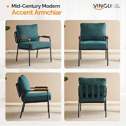 VINGLI Mid-Century Modern Accent Armchiar for Small Space, Small Comfy Upholstered Leisure Reading Chair with Wood Armrest for Bedroom, Living Room, Waiting Room, Linen Dark Green