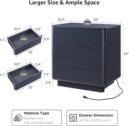 JXQTLINGMU 22" Modern Nightstand Set of 2 with Charging Station, Large Push-to-Open End Table, Wood Bedside Table, Curved Profile, Handleless 3 Drawer Night Stand for Bedroom, Living Room, Black