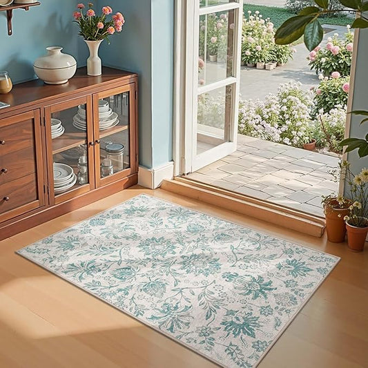 jinchan Torino 3x5 Area Rugs for Entryway Vintage-Inspired Floral Design Machine Washable Non-Slip Low-Pile Rug Ultra-Thin Indoor Traditional Accent Carpet for Entrance Kitchen Bedroom Hallway