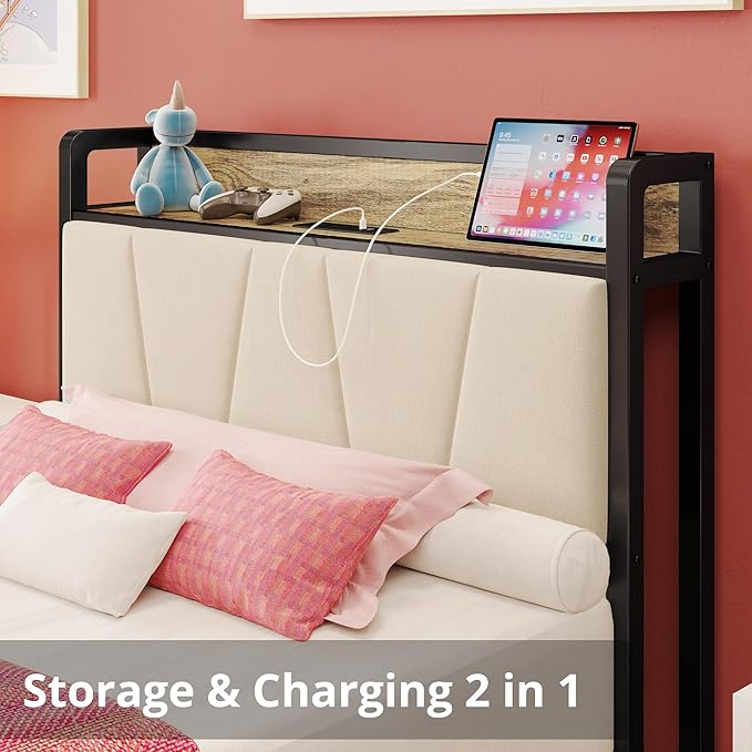 LIKIMIO Twin XL Bed Frames, Storage Headboard with Charging Station, Solid and Stable, Noise Free, No Box Spring Needed, Easy Assembly (Walnut and Beige)