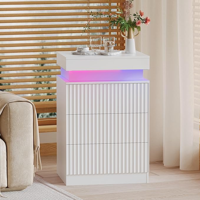 Nightstand Set of 2 for Bedroom, LED Nightstand with 3 Drawers and Charging Station, Mid Century Modern Fluted Nightstands, Bedside Tables & End Tables, White