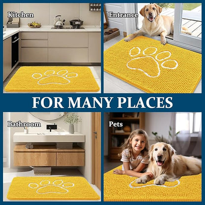 OLANLY Dog Door Mat for Muddy Paws 36x24, Paw Print Design, Absorbs Moisture and Dirt, Absorbent Non-Slip Washable Doormat, Quick Dry Chenille Mud Mat for Dogs, Entry Indoor Entryway Carpet, Yellow