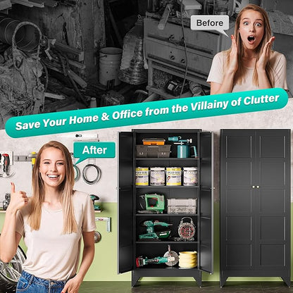 Metal Storages Cabinet with 2 Doors and 5 Shelves,Tall Storage Cabinet,Large Cupboard Closet,Pantry Storage Cabinet for Home,Office,Bathroom,Dining/Living Room (Black, 71" H)