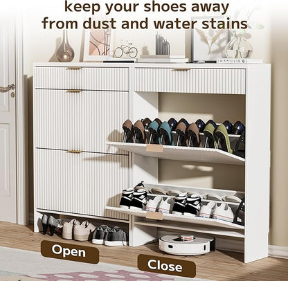 Fluted Shoe Cabinet Storage with 2 Flip Drawers & 1 Drawers, Wood Narrow Hidden Shoe Cabinet with Shelf for Entryway, Freestanding Slim Shoe Rack Organizer for Hallway Living Room(White)