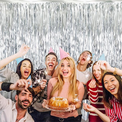 GOER 3.2 ft x 8.2 ft Metallic Tinsel Foil Fringe Curtains Party Photo Backdrop Party Streamers for Birthday,Graduation,New Year Eve Decorations Wedding Decor (Silver,1 Pack)