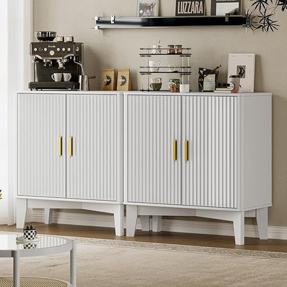 Storage Cabinet with Doors and Adjustable Shelf, Modern Fluted Sideboard Buffet Cabinet, Freestanding Coffee Bar for Kitchen, Pantry, Entryway, Living Room (White)