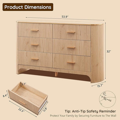 Fluted 6 Drawer Dresser for Bedroom with Curved Profile Design, 53.9 Inch Wide Chest of Drawers, Smooth Glide Storage Cabinet for Living Room, Natural Oak
