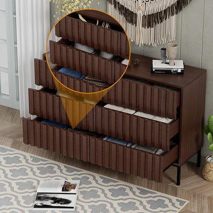 UEV Fluted Dresser for Bedroom with 6 Drawers, 47" Wide Large Chest of Drawers with Metal Stand, Mid-Century Wooden Dresser TV Stand, Closet Storage Organizer for Living Room, Hallway (Walnut)
