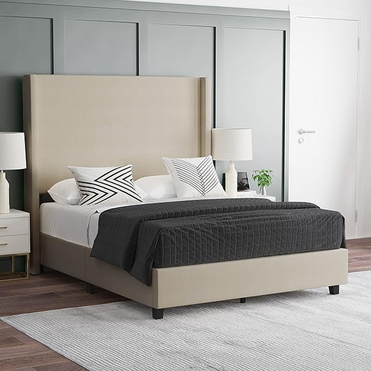 EMMA + OLIVER Nora Full Size Faux Linen Upholstered Platform Bed with Plush Padded Wingback Headboard (No Box Spring Needed), Modern Upholstered Headboard Full Bed Frame, Beige