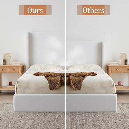 King Size Upholstered Bed Frame, 52.3" High Headboard Carmen Wingback Bed Frames, Tall Headboard Floor Platform Beds, No Box Spring Needed No Noise Minimalist Coconut Micro Suede, White
