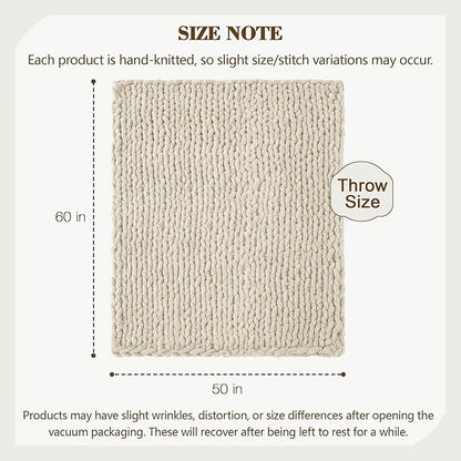 Carriediosa Chunky Knit Throw Blanket 50" X 60", 100% Hand Made Large Chenille Loop Yarn Soft Fluffy Throws for Couch Sofa Bed, Big Crochet Cozy Heavy Thick Cable Woven Blanket, Light Beige