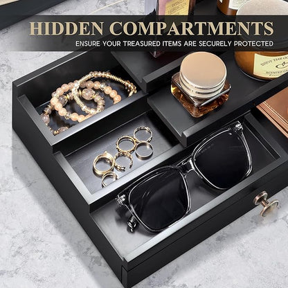 EOSAHR Modern Wooden Cologne Organizer for Men - 3 Tier Cologne Stand with Storage Drawer and Hidden Compartment - Perfume Organizer for Dresser (Black)