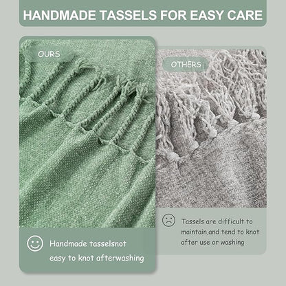 BATTILO HOME Sage Green Throw Blanket for Couch, Bed, Sofa - Soft Cozy Sage Chenille Throw with Fringe Tassels, Lightweight Green Knit Throw for Spring Home Decor, 50"x60"