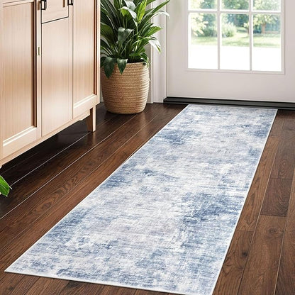 IOHOUZE Abstract Runner Rug 2x5 Ft Washable Runners for Hallways, Non Slip Kitchen Runner Printed Faux Wool Entryway Runner Indoor, Modern Floor Carpet for Hall Kitchen Bedroom, Light Blue White