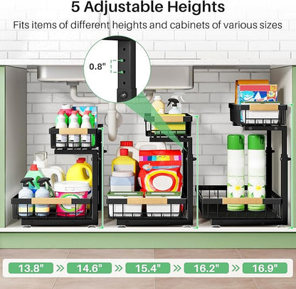 Under Sink Organizer, 2 Packs 2 Tier Under Sink Organizers and Storage, Slide out Pull out Cabinet Organizer Shelf, Metal Sliding Drawer for Kitchen Bathroom Pantry Cabinet Closet Organization Rack