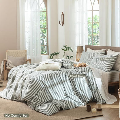 MooMee Striped Duvet Cover Set 100% Washed Cotton Linen Like Textured Breathable Durable Soft Comfy (Heathered Green Classic Stripes, Super King Plus 120"x120")