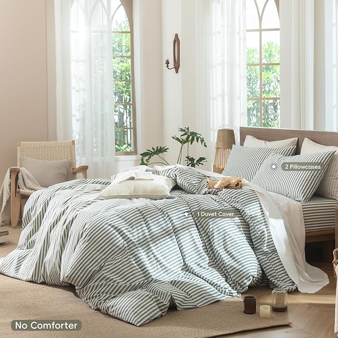 MooMee Striped Duvet Cover Set 100% Washed Cotton Linen Like Textured Breathable Durable Soft Comfy (Heathered Green Classic Stripes, Super King 108"x98")