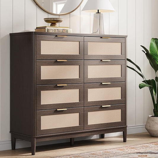 LINSY HOME Rattan Dresser for Bedroom with 8 Drawers, 54" Wide Chest of Drawers, Mid Century Modern Dresser TV Stand with Metal Handle, Wood Closet Storage Cabinet for Living Room, Hallway, Walnut