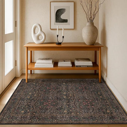 Washable Dark Taupe Brown 4x6 Area Rugs for Living Room, Bedroom Beside Rug, Kitchen, Mudroom, Non-Slip Low Pile Ultra Soft Stain Resistant, Small Vintage Green Botanical Floral Carpet