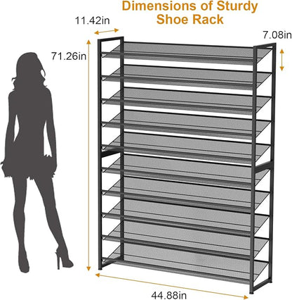 Large Shoe Rack 10 Tier Shoe Organizer, Heavy Duty Metal 5-Tier Stackable Shoe Storage Vertical Shoe Rack for Closet Front Door Entrance, Up to 62 Pairs, 44.8" W x 11.4" D x 71.2" H, Black