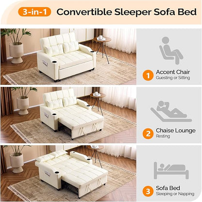 VINGLI Beige Loveseat Sleeper Sofa, Convertible Futon Sofa Bed Faux Leather Pullout Couch Bed with USB Ports, Cup Holders, Armrest for Living Room, Bedroom, Home Office Apartment