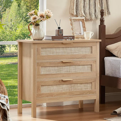 LEYAOYAO 31.5" Wide Rattan Nightstand, Large Boho 3 Drawer Night Stand, Natural Wood Bedside Table with Storage, Tall Bed Side End Tables, Chest of Drawers Dressers for Bedroom, Living Room, Hallway