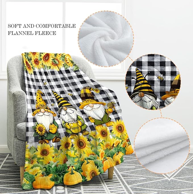 Jekeno Christmas Gnomes Sunflower Blanket Dwarf Floral Gifts for Women Men Boys Girls Dad Mom Husband Wife Friends Birthday Home Bedroom Room Decor Flower Blanket 60"x80"