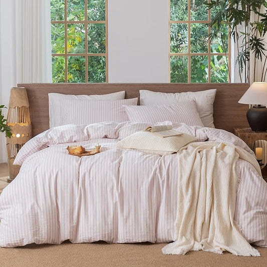 MooMee Striped Duvet Cover Set 100% Washed Cotton Linen Like Textured Breathable Durable Soft Comfy (Heathered Greyish Pink Classic Stripes, King 104"x90")