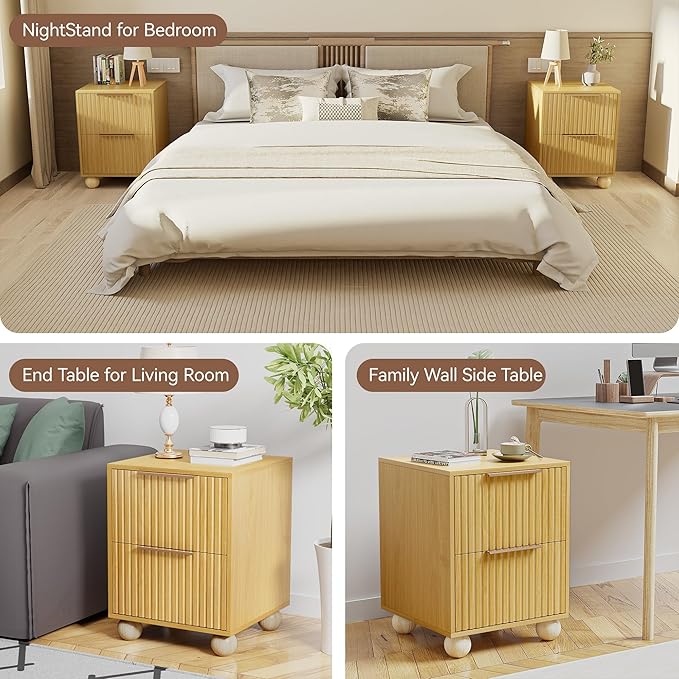 Fluted Nightstand, Natural Oak Finish Bedside Table with Spacious Storage Drawers, Night Stand with Solid Wood Round Legs for Bedroom, End Table, Side Table