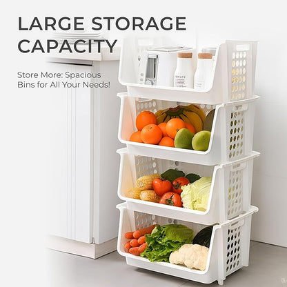 TidyFriend Medium Stackable Storage Bins for Pantry - 4 Pack, Stackable Bins For Organizing Food, Kitchen, and Bathroom Essentials (White)