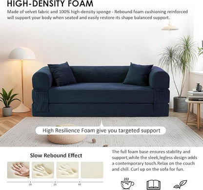 80" Convertible Sofa Bed, 3-in-1 Corduroy Folding Pull Out Couch with Pillows, No Assembly Modern Boneless Couch Compression Sofa in Box, Floor Sofa with Side Storage Pocket for Living Room,Navy Blue