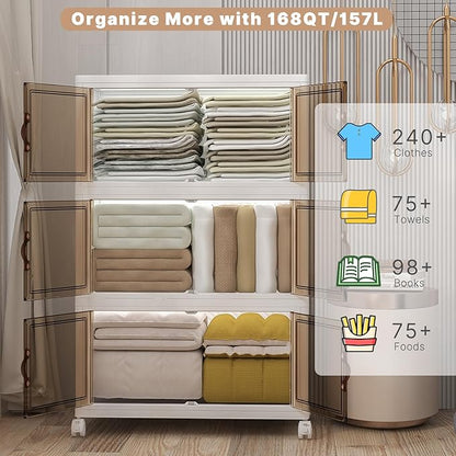 Extra Large Stackable Storage Bins with Lids & Wheels, Foldable Plastic Storage Bins (White, 1008QT-168QT/42GAL*6Pack)