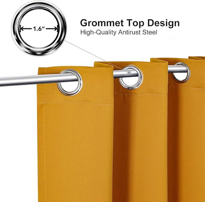 ChrisDowa Grommet Room Darkening Curtains for Bedroom and Living Room - 2 Panels Set Thermal Insulated Blackout Curtains (Mustard Yellow, 52W x 95L)