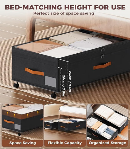 Under Bed Storage, 35.5 inches Under Bed Storage with Wheels, Large Capacity UnderBed Containers with Clear Lids, 2Pcs Rolling Under the Bed Storage for Clothes, Shoes, Blankets (Deep Black)